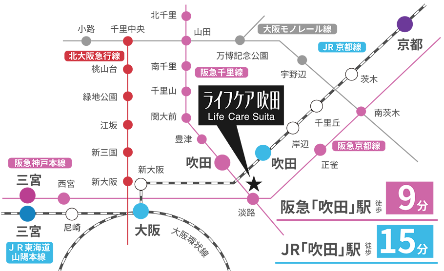 吹田市から主要都市へ便利なアクセスライン